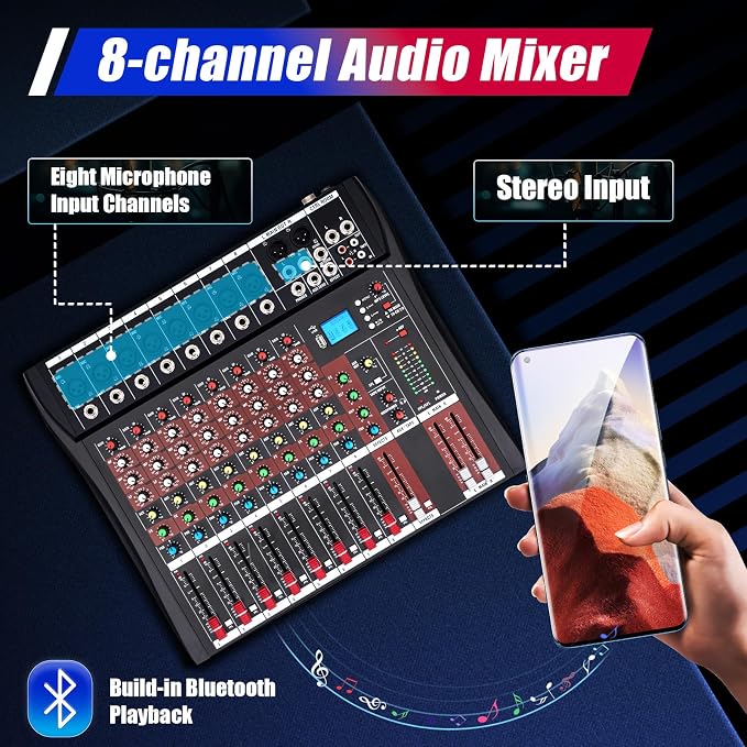 8 Channel Audio Mixer, Sound Mixer Console Mixing Board - Image 3