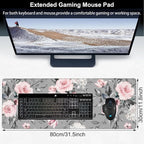 Pink Roses Desk Mat, Large Spring Blooming Flowers and Leaves Gaming Keyboard - Image 2