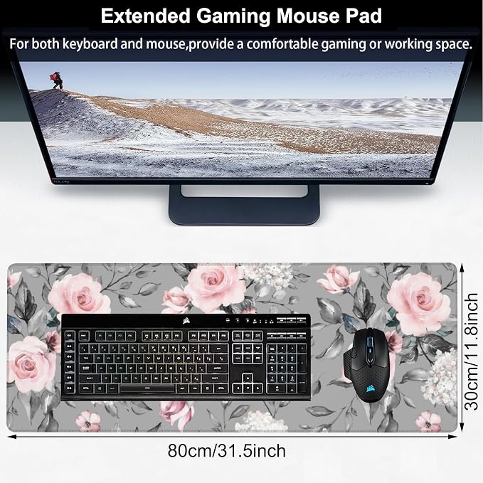 Pink Roses Desk Mat, Large Spring Blooming Flowers and Leaves Gaming Keyboard - Image 2