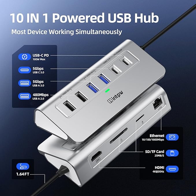 USB C Hub, 10-in-1 USB Docking Station, Aluminum USB to Ethernet Adapter - Image 2