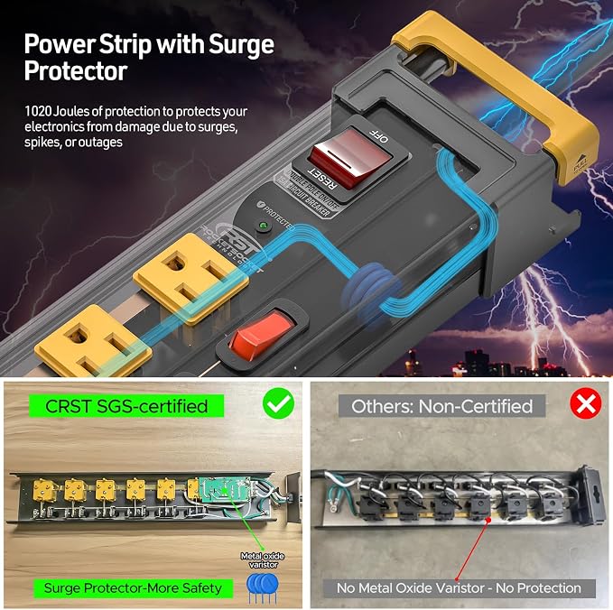 CRST 6 Outlets Wide Spaced Power Strip, Metal Wall Mount Surge Protector Power - Image 4