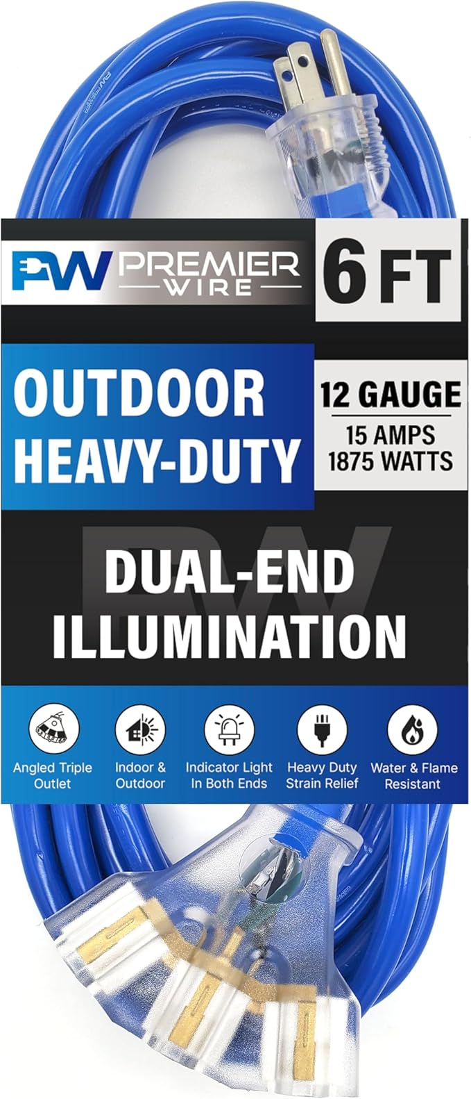 6 ft - 12 Gauge Heavy Duty Extension Cord - Lighted on Both Ends - SJTW Blue - by PremierWire