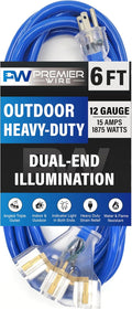 6 ft - 12 Gauge Heavy Duty Extension Cord - Lighted on Both Ends - SJTW Blue - by PremierWire