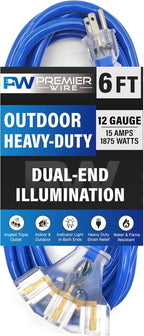 6 ft - 12 Gauge Heavy Duty Extension Cord - Lighted on Both Ends - SJTW Blue - by PremierWire