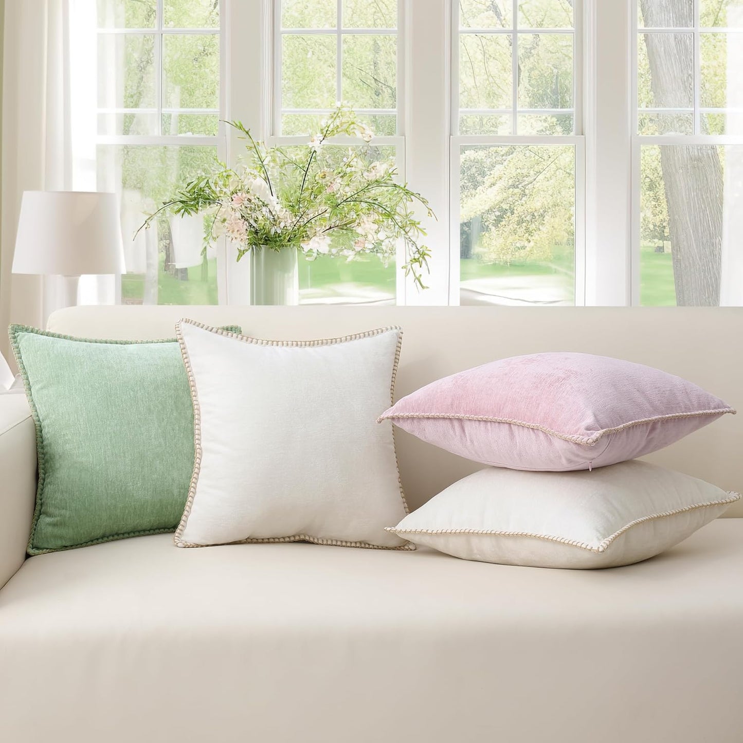 decorUhome Chenille Soft Throw Pillow Covers 16x16 Set of 2, Farmhouse Velvet Neutral Decorative Euro Pillow Covers with Stitched Edge for Couch Sofa Bed Home Decor, Sage Green
