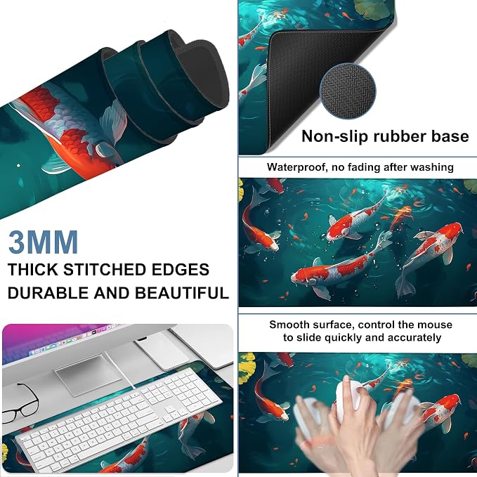 Large Mouse Pad Koi Fish Gaming Desk Pad Computer Keyboard Non-Slip Waterproof - Image 2