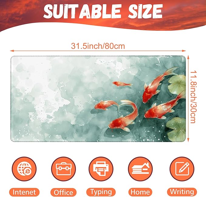 Desk Pad, Watercolor Koi Fish Desk Mat, Koi Fish in Pond Large Gaming Mouse Pad - Image 2