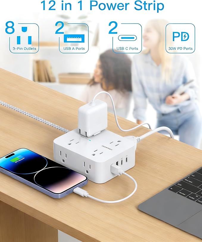 PD 30W USB C Power Strip Surge Protecor, HANYCONY 8 Outlets 4 USB, 1080J Desk - Image 2