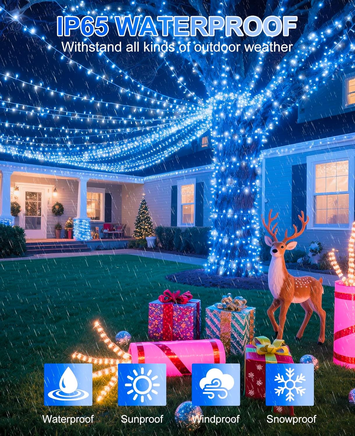 Christmas Lights Outdoor 40FT 120 LED, Green Wire Christmas Tree Lights Waterproof, 8 Modes & Timer, Connectable String Light for Indoor Garden Yard Party Wedding Decorations, Blue White
