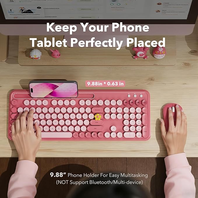 Wireless Keyboard and Mouse Combo, Cute Full-Size Typewriter-Style Keyboard - Image 2