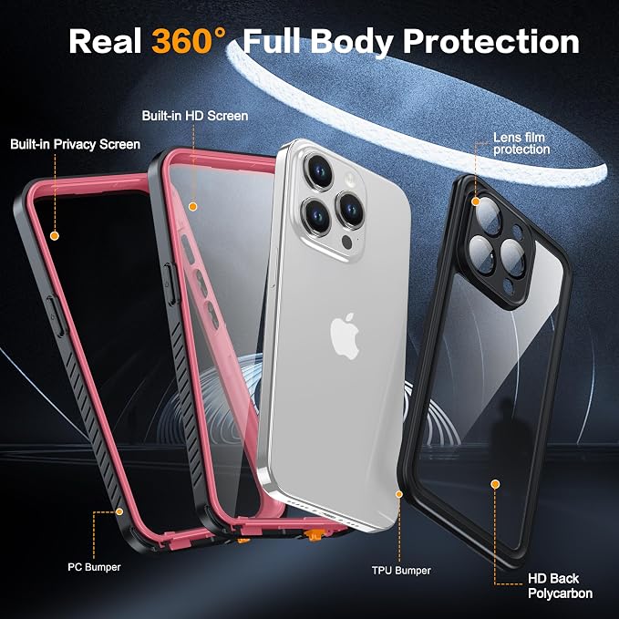 for iPhone 15 Pro Case Waterproof, Built-in Privacy Screen & HD Screen Double - Image 3