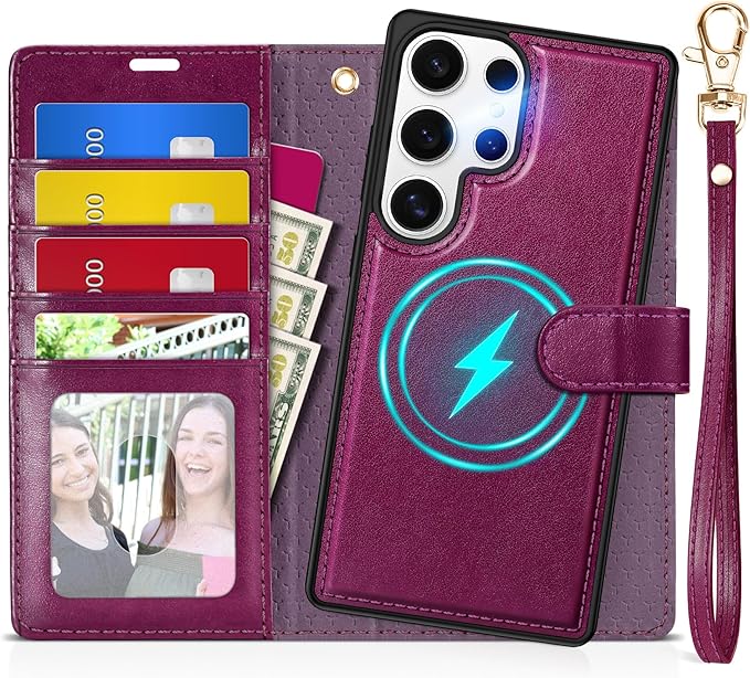 TUCCH Case Wallet for Galaxy S25 Ultra, 2 in 1 Magnetic PU Leather Wrist Strap by TUCCH
