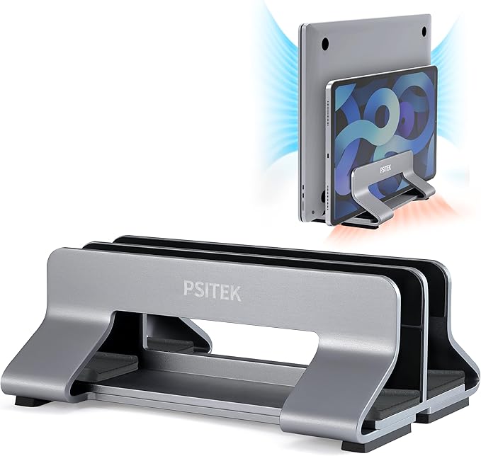 Aluminum Dual Vertical Laptop Stand Dock Holder, Supports 2 Devices, Adjustable by Psitek