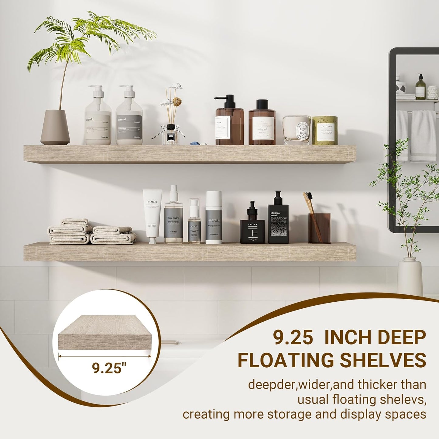 36 Inch Floating Shelves, 3D Textured Wood Grain, 36"x9.25"x1.5" Inch Deep Floating Shelves for Wall, Wooden Shelves for Bathroom, Bedroom, Living Room, Vintage White Oak