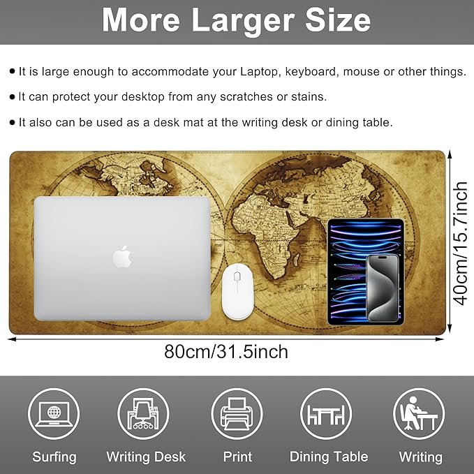 Mouse Pad, Large Antique World Map Desk Mat, Extended Non-Slip Gaming Keyboard - Image 2