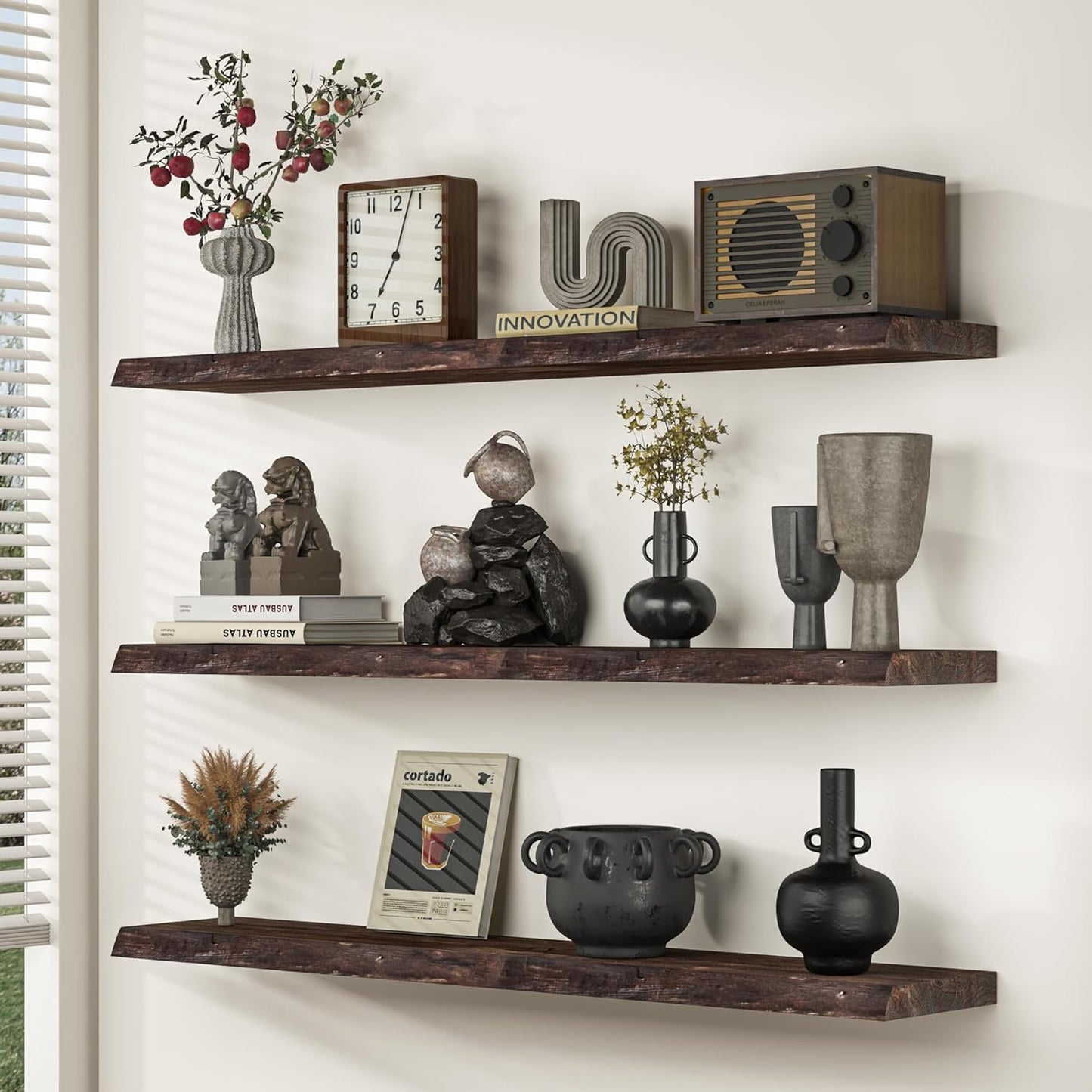 72 Inch Floating Shelves for Wall, Rustic Elm Wood Floating Shelves for Home Décor, Wall-Mounted Display Shelves with Heavy-Duty Bracket, Long Floating Shelf for Kitchen, Living Room, Walnut Finish
