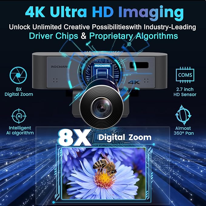 ROCWARE 4K Webcam with Remote, RC16 Computer Camera with Microphone, 1080p - Image 2