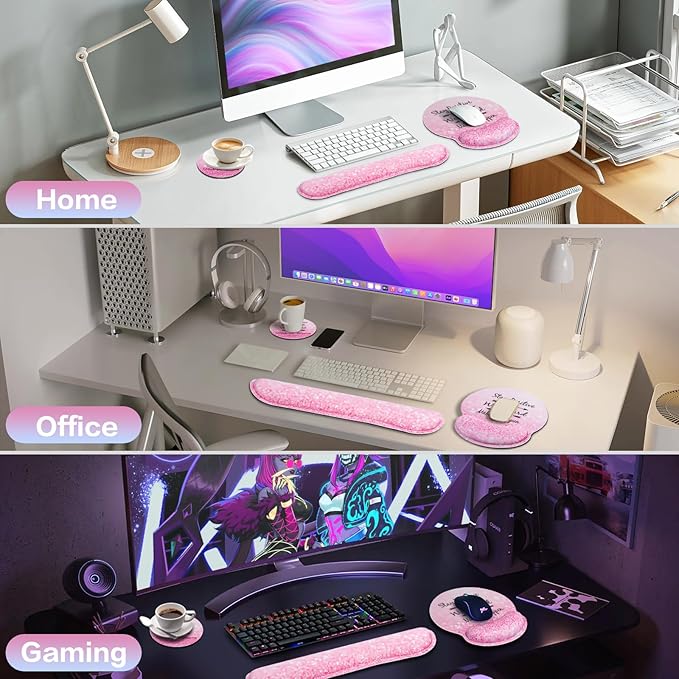Mouse Pad with Wrist Rest Set Pink, 3-in-1 Wrist Support Mousepad Set, Gaming - Image 7
