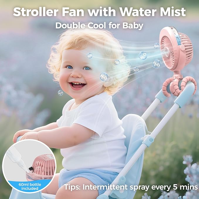 2025 Upgarded 4000mAh Misting Baby Stroller Fan, Rechargeable Battery Operated - Image 2
