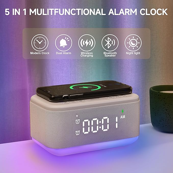 Alarm Clock Speaker Wireless Charger, Digital Alarm Clocks Bedrooms Bluetooth - Image 2