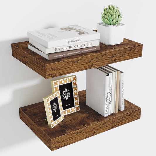 Fun Memories Wood Floating Shelves 16 Inch, 10 Inch Deep Shelves Wall Mount, Wall Shelves with Invisible Bracket, 16" Floating Shelves for Living Room Bathroom Bedroom, Rustic Brown, Set of 2