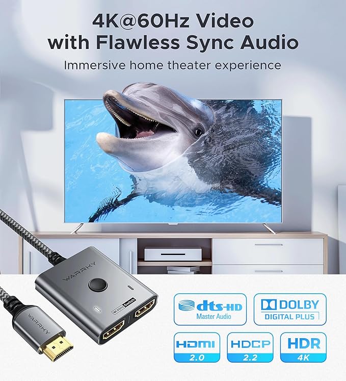 HDMI Switch 2 in 1 Out 4K@60Hz, WARRKY Bidirectional 2x1 Switcher Splitter - Image 4