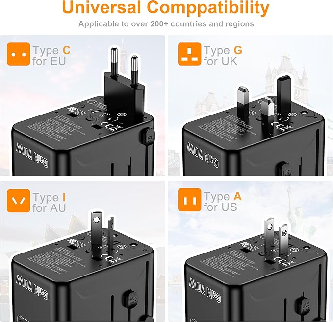 VYLEE 70W GaN International Travel Adapter, Universal Power Adapter - Image 5
