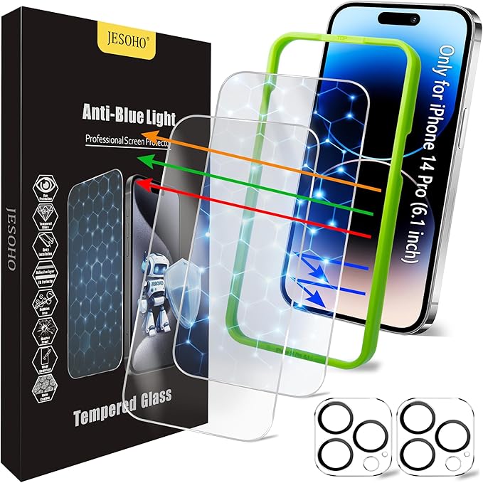Screen Protector for iPhone 14 Pro, HD Clear, 9H Hardness, No Bubbles, Case by JESOHO