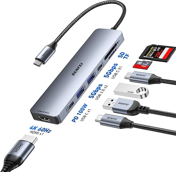 BENFEI 7-in-1 USB C Hub with HDMI, 2 USB-A, 1 USB-C Data, 100W Charge, SD/TF - Image 2