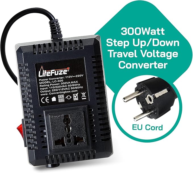 LiteFuze 300 Watt Step Up/Step Down Travel Voltage Converter, 220/110v to - Image 2