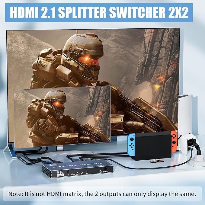 2x2 HDMI Switch Splitter, HDMI 2.1 Switcher 2 in 2 Out 8K@60Hz 4K@120Hz - Image 2
