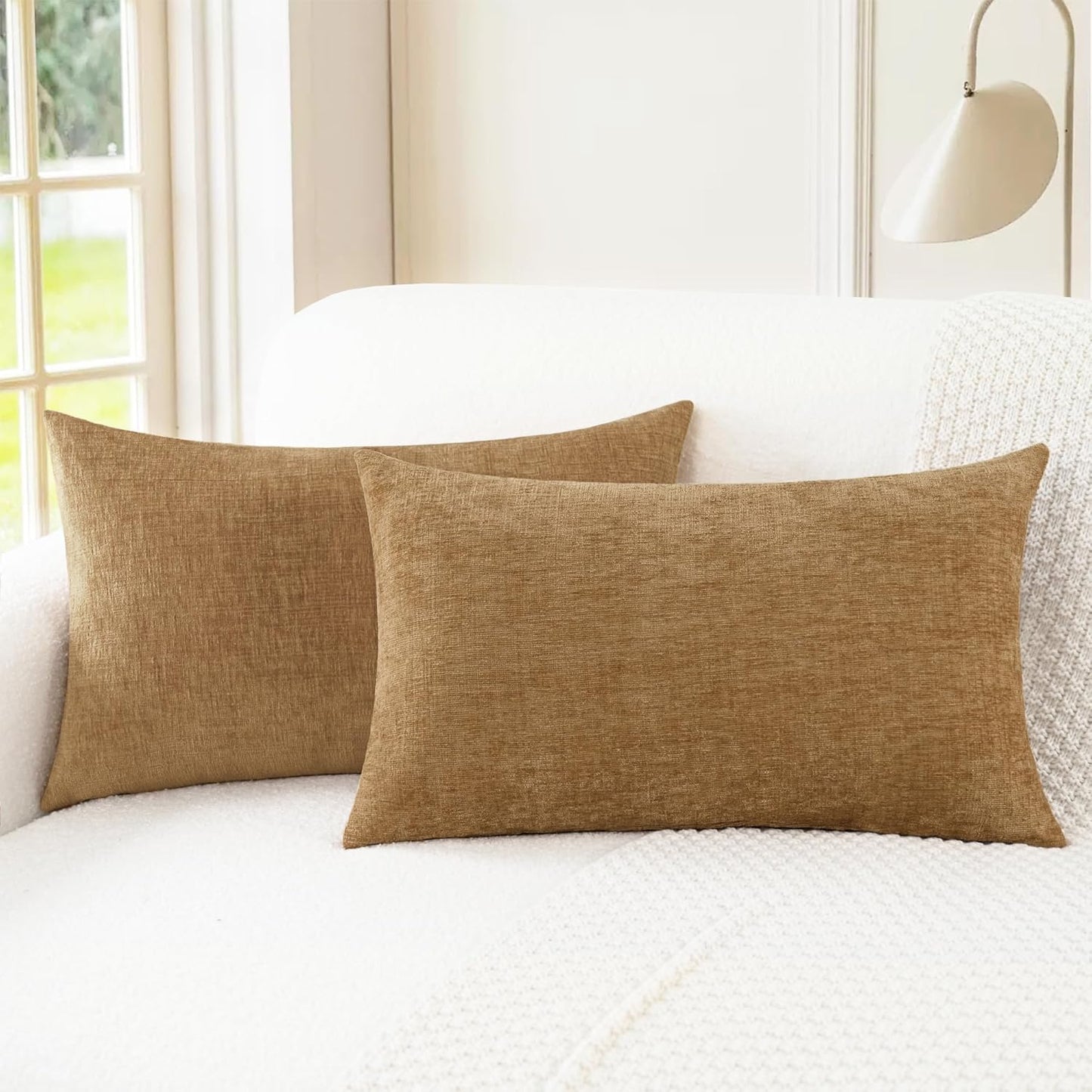 CaliTime Throw Pillow Covers Decorative 12 X 20 Inches Pack of 2 Cozy Chenille Cushion Cases for Couch Sofa Bed Living Room Home Apricot Brown