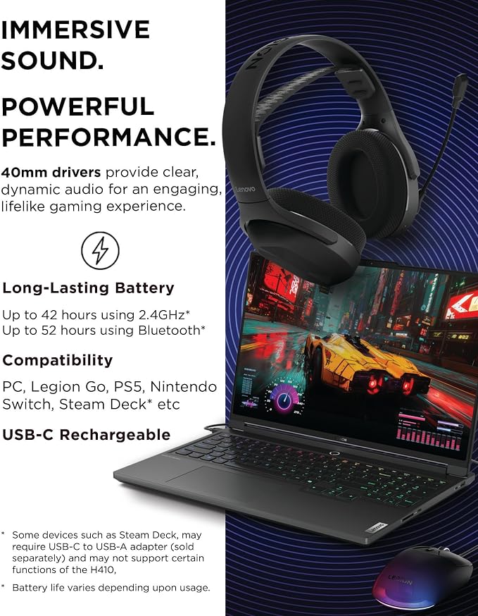 Lenovo Legion H410 Wireless Gaming Headset, Lightweight, Adjustable Headband - Image 5