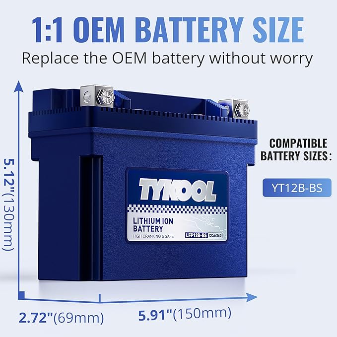 TYKOOL YT12B-BS, 3X Cranking Amps, Lithium LiFePO4 Motorcycle Battery, 12V 6Ah - Image 2