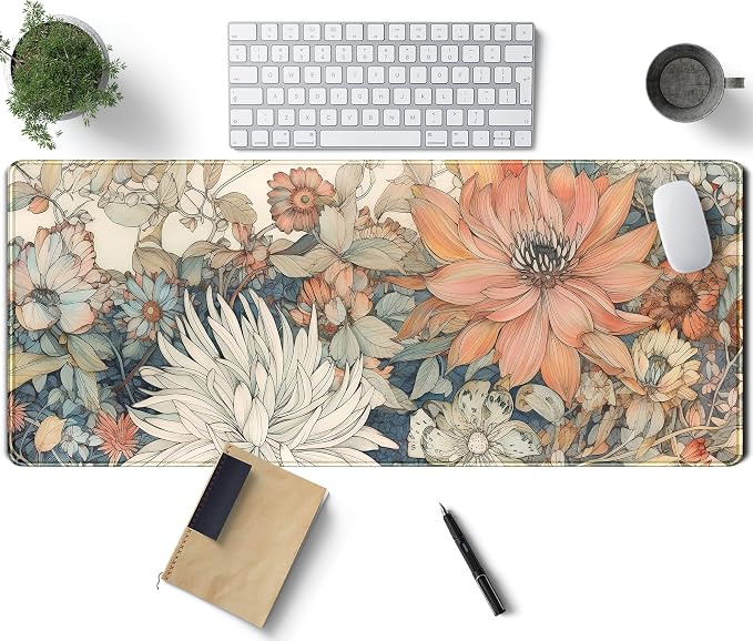 Japanese Minimalist Floral Desk Mat Aesthetic Flowers XL Large Extended Gaming by TENG+DA+QING