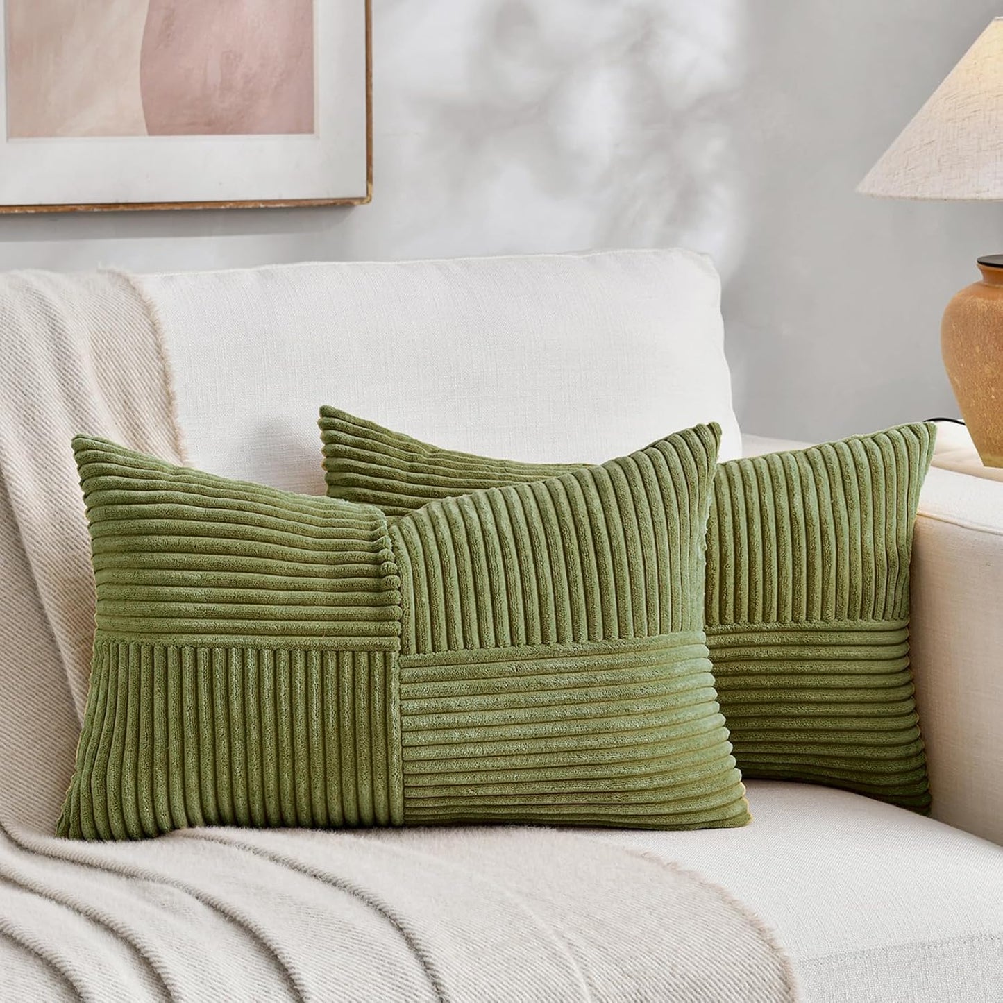 Fancy Homi 2 Packs Moss Green Lumbar Decorative Throw Pillow Covers 14x24 Inch for Couch Bed, Rustic Farmhouse Boho Home Decor, Soft Striped Corduroy Rectangle Accent Cushion Case 35x60 cm