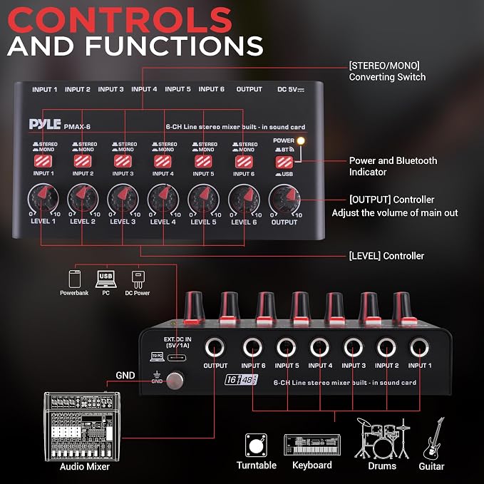 Pyle 6-Channel Wireless BT Streaming Mini Line Mixer - Image 2