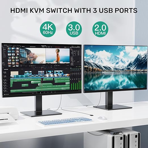 HDMI KVM Switch 2 Monitors 2 Computers, Dual Monitor KVM USB Switcher 4K@60Hz - Image 3