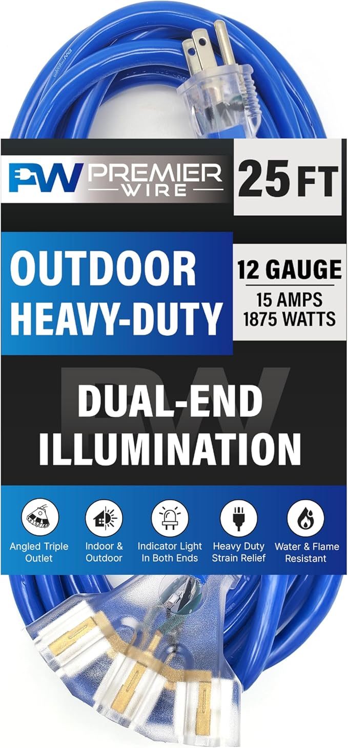 25 ft - 12 Gauge Heavy Duty Extension Cord - Lighted on Both Ends - SJTW Blue - by PremierWire