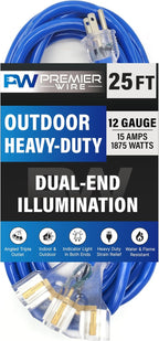 25 ft - 12 Gauge Heavy Duty Extension Cord - Lighted on Both Ends - SJTW Blue - by PremierWire