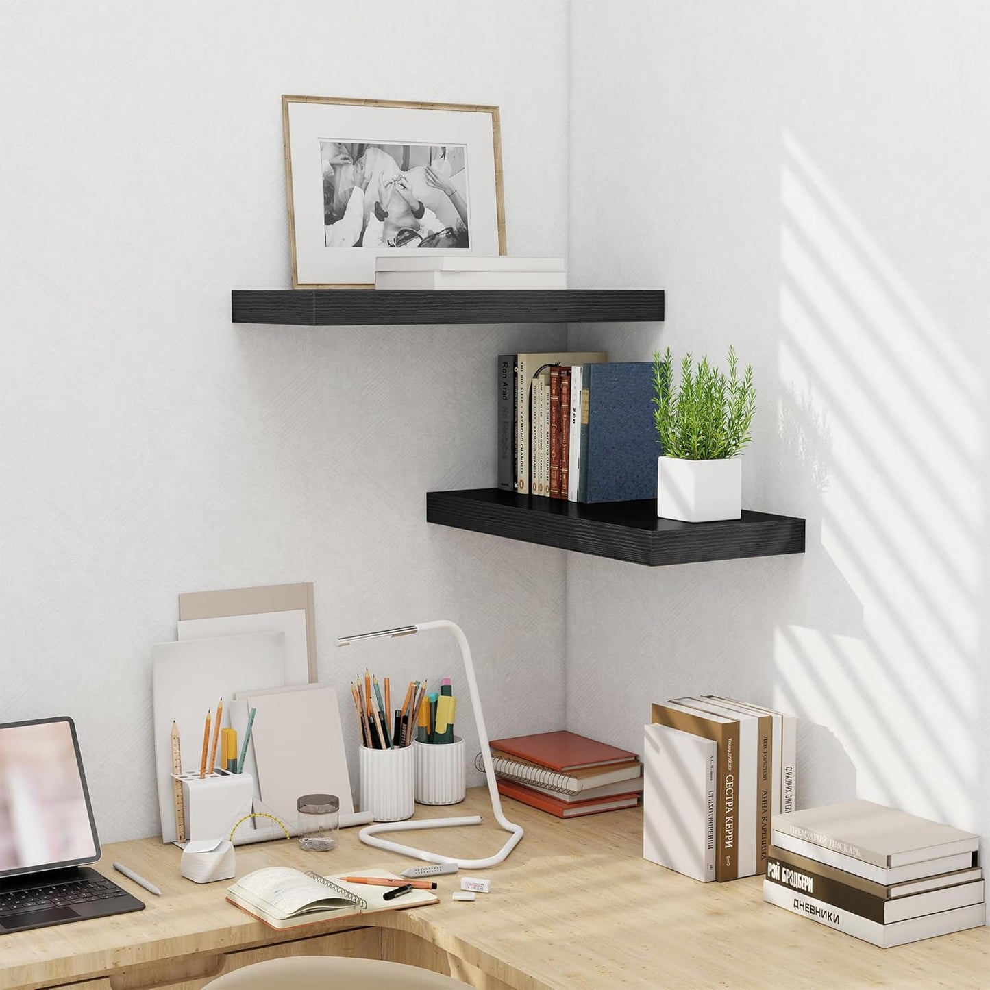 Fun Memories 24 Inch Floating Shelves Wall Mounted, 10 Inch Deep Wall Shelves, 24 x 10 Floating Shelf for Living Room Bathroom Bedroom, Black, Set of 2