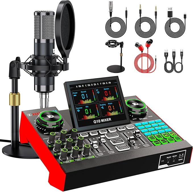 Podcast Microphone Bundle with Live Sound Board Audio Mixer, Podcast Equipment by tenlamp