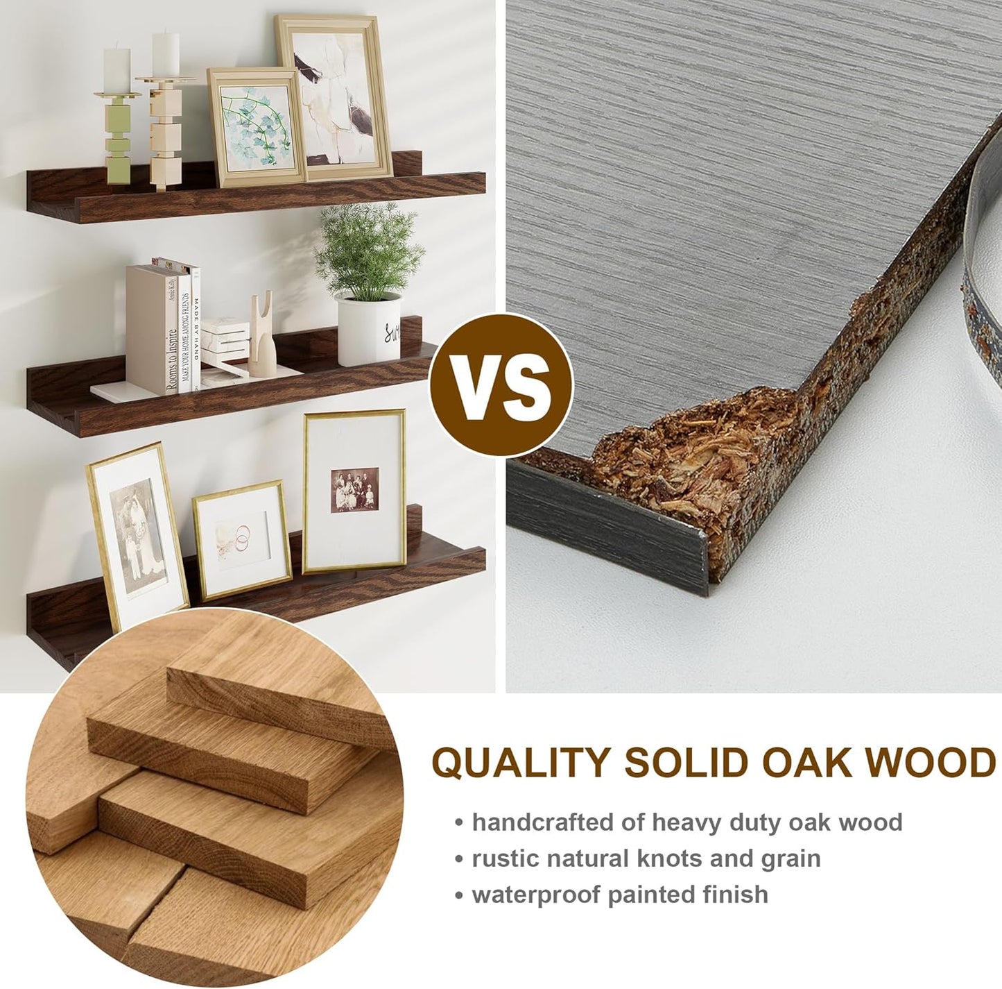 Floating Picture Ledge Shelves 72 Inch Solid Oak Wood Set of 2, Rustic Wall Storage Shelves with Lip, Kids Bookshelf, Photo & Picture Ledge Shelves for Bedroom, Living Room, Kitchen