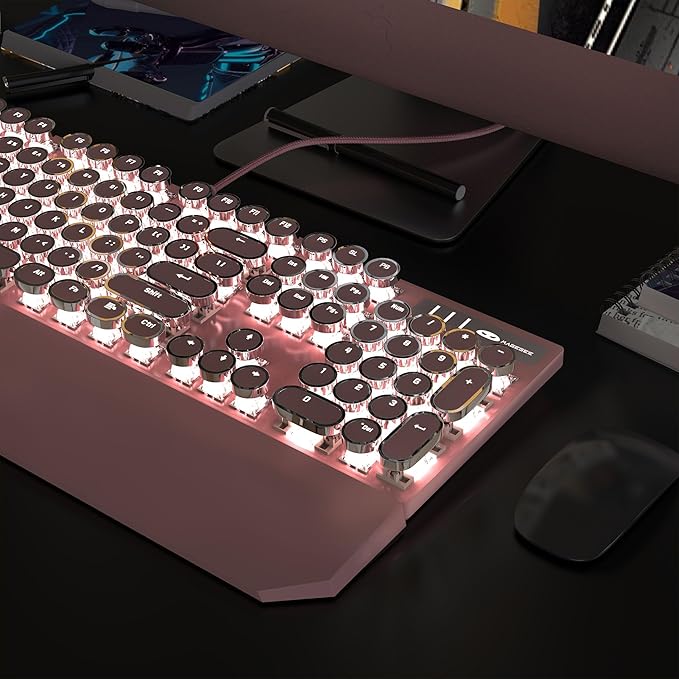MageGee Typewriter Mechanical Gaming Keyboard, Retro Punk Pink Round Keycaps - Image 7