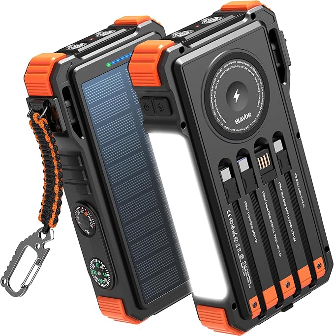 BLAVOR Solar Power Bank 20000mAh Built-in Cables, Wireless Charger by BLAVOR