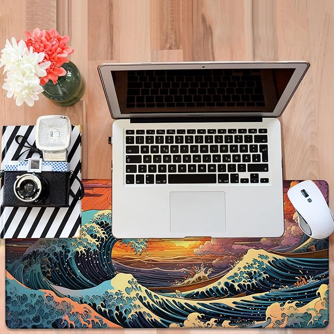 Gaming Desk Pad Large Extra Length Japanese Blue Waves Mouse Pad Keyboard - Image 6