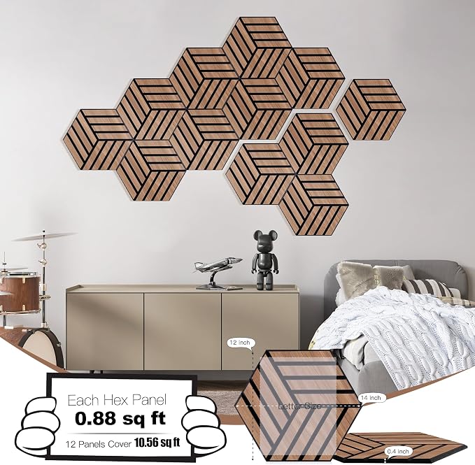 Mollywell Hexagon Acoustic Panels, Walnut TH4, 12 Pack |Wood Veneer|High - Image 2