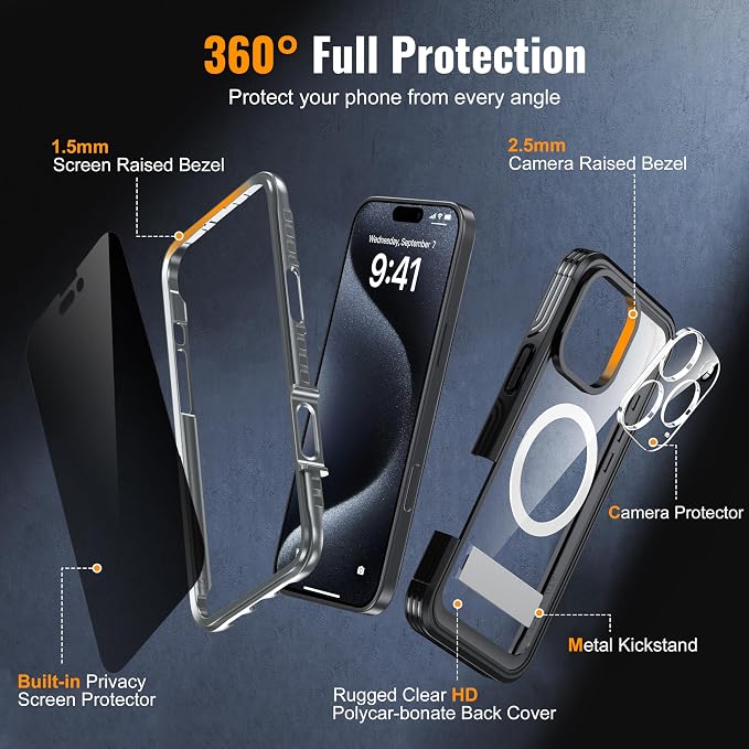 360° Protection Magnetic for iPhone 16 Pro Case Built-in 9H Privacy Screen - Image 6