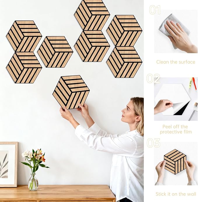 Mollywell Hexagon Acoustic Panels, Natural Oak TH4, 12 Pack |Wood Veneer|High - Image 6