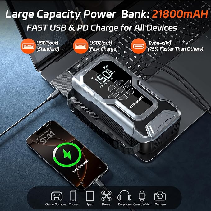 Jump Starter with Air Compressor, 6000A Car Battery Jump Starter, 150PSI Tire - Image 4
